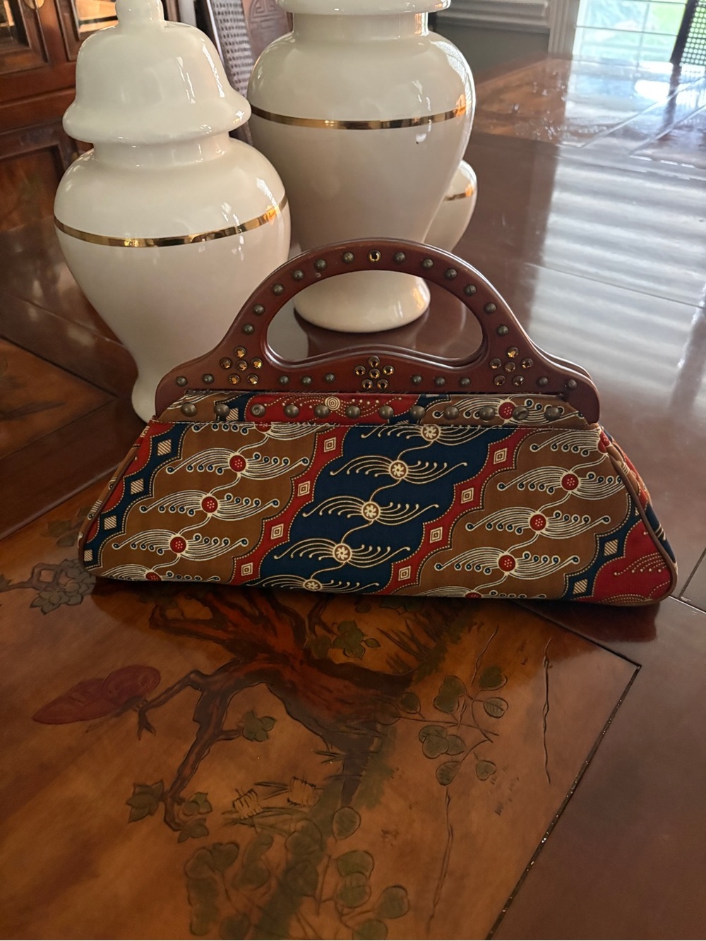 Isabella Fiore Red Blue Brown Patterned Fabric Clutch with Studded Handle